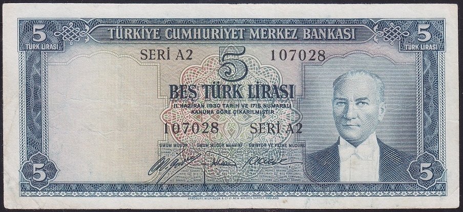 5.EMİSYON 1.TERTİP 5 LİRA A2 107028 ÇOK TEMİZ (YIKAMA VAR)