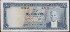5.EMİSYON 1.TERTİP 5 LİRA A2 107028 ÇOK TEMİZ (YIKAMA VAR)