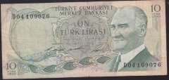 6.EMİSYON 1.TERTİP 10 LİRA D04 109076 ÇOK TEMİZ eski kağıt para koleksiyon