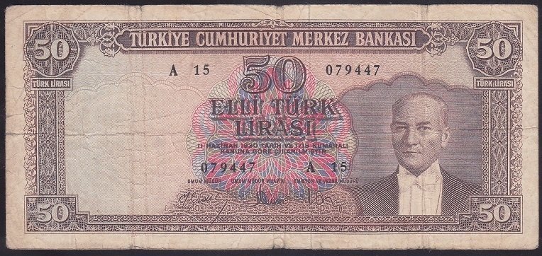5.EMİSYON 5.TERTİP 50 LİRA A15 079447 TEMİZ