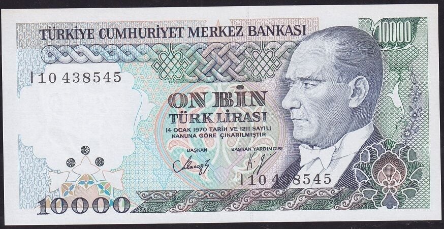 7.Emisyon 4.Tertip 10000 Lira I10 438545 Çil Sarı Kağıt