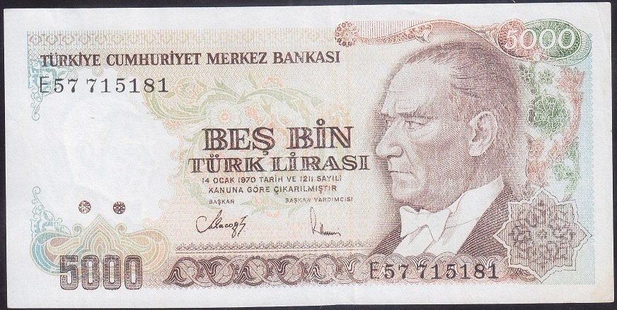 7.EMİSYON 3.TERTİP 5000 LİRA E57 715181 HALİYLE