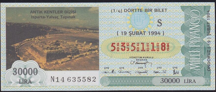 1994 19 Şubat Çeyrek Bilet - S Serisi - Isparta