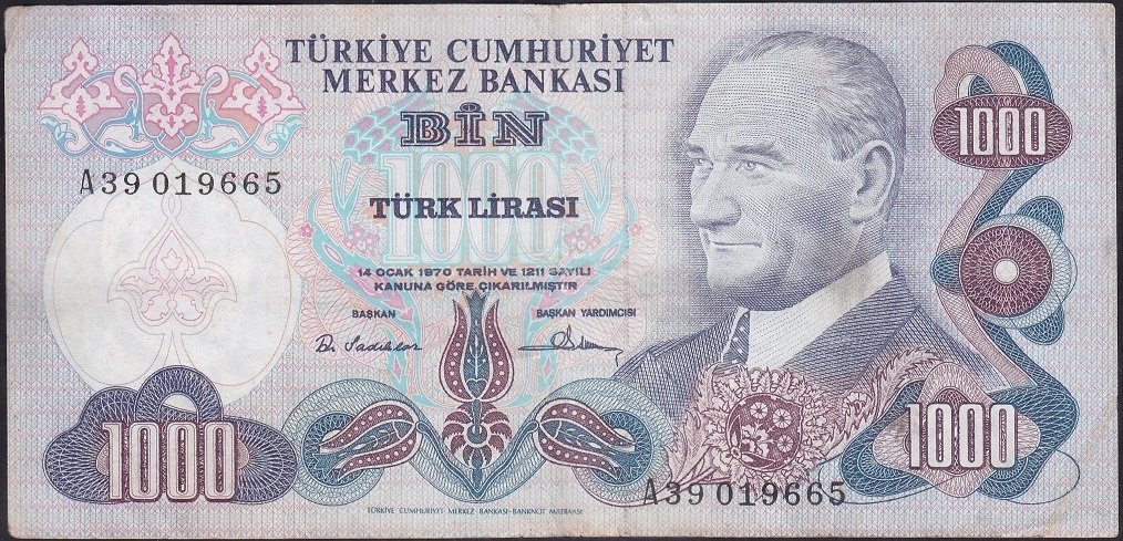 6.EMİSYON 1.TERTİP 1000 LİRA A39 019665 ÇOK TEMİZ +