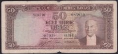 5.EMİSYON 1.TERTİP 50 LİRA D1 085939 TEMİZ EKSİ