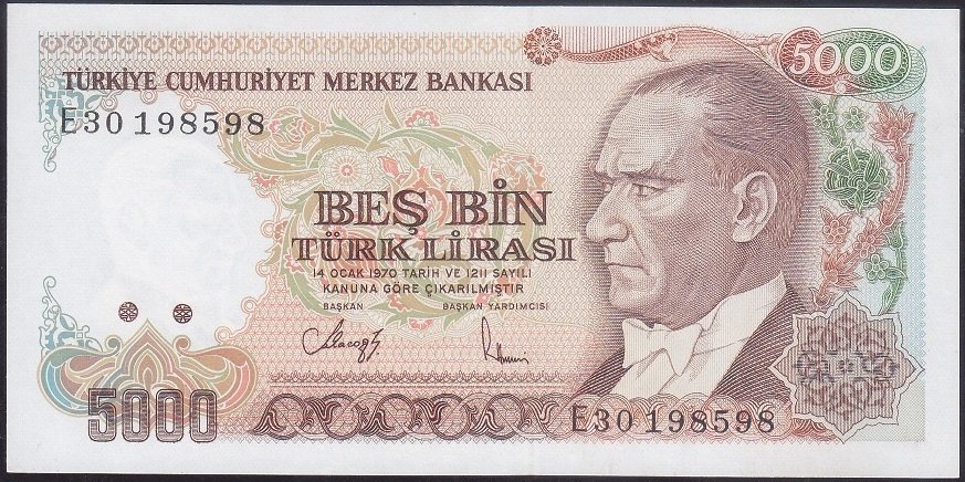 7.EMİSYON 3.TERTİP 5000 LİRA E30 198589 ÇÇT ÇİLALTI eski kağıt para fiyatları