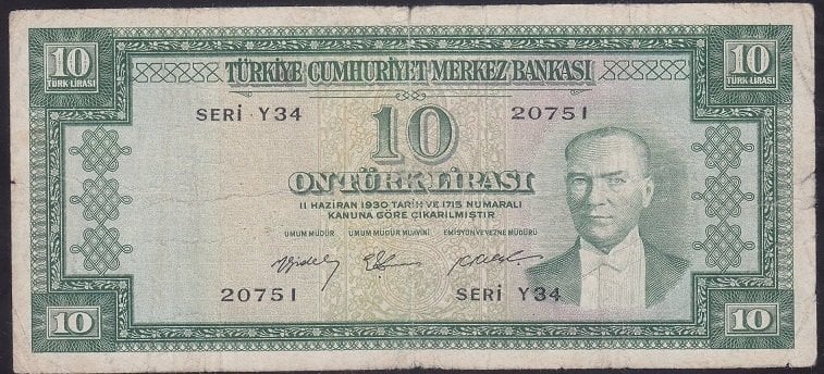 5.EMİSYON 3.TERTİP 10 LİRA Y34 20751 ÇOK TEMİZ ( DÜZLENMİŞ) eski para