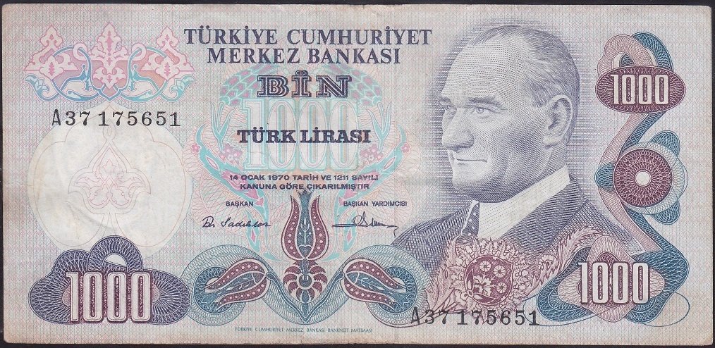 6.EMİSYON 1.TERTİP 1000 LİRA A37 175651 ÇOK TEMİZ