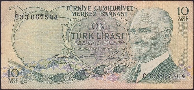 6.EMİSYON 1.TERTİP 10 LİRA C33 067504 ÇOK TEMİZ