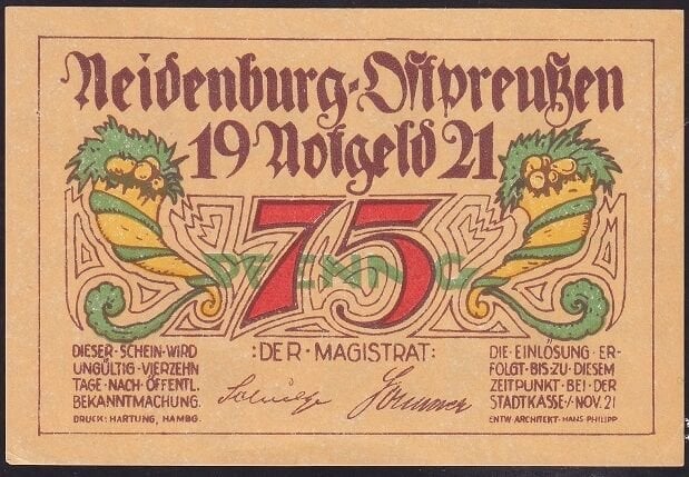 Almanya 75 Pfennig Notgeld 1921 Çilaltı Çil Filigranlı