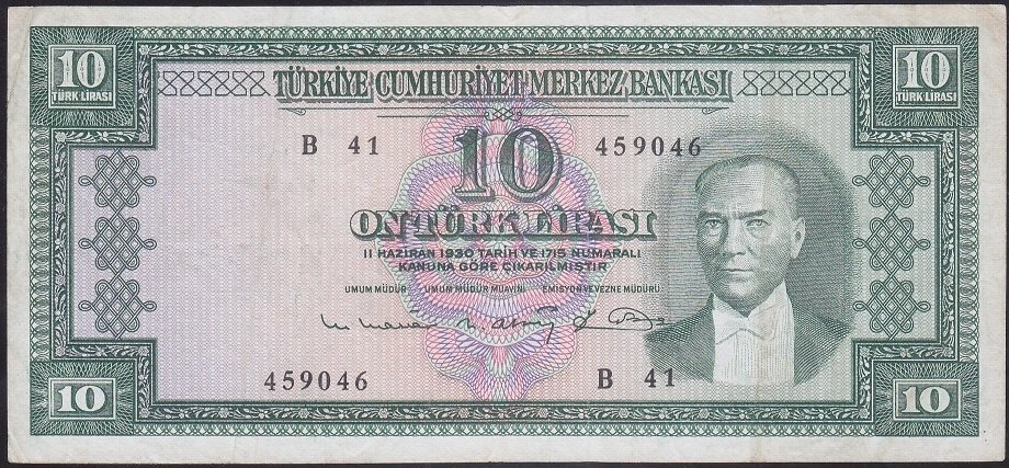5.EMİSYON 6.TERTİP 10 LİRA B41 459046 ÇOK TEMİZ ( DÜZLEME VAR )