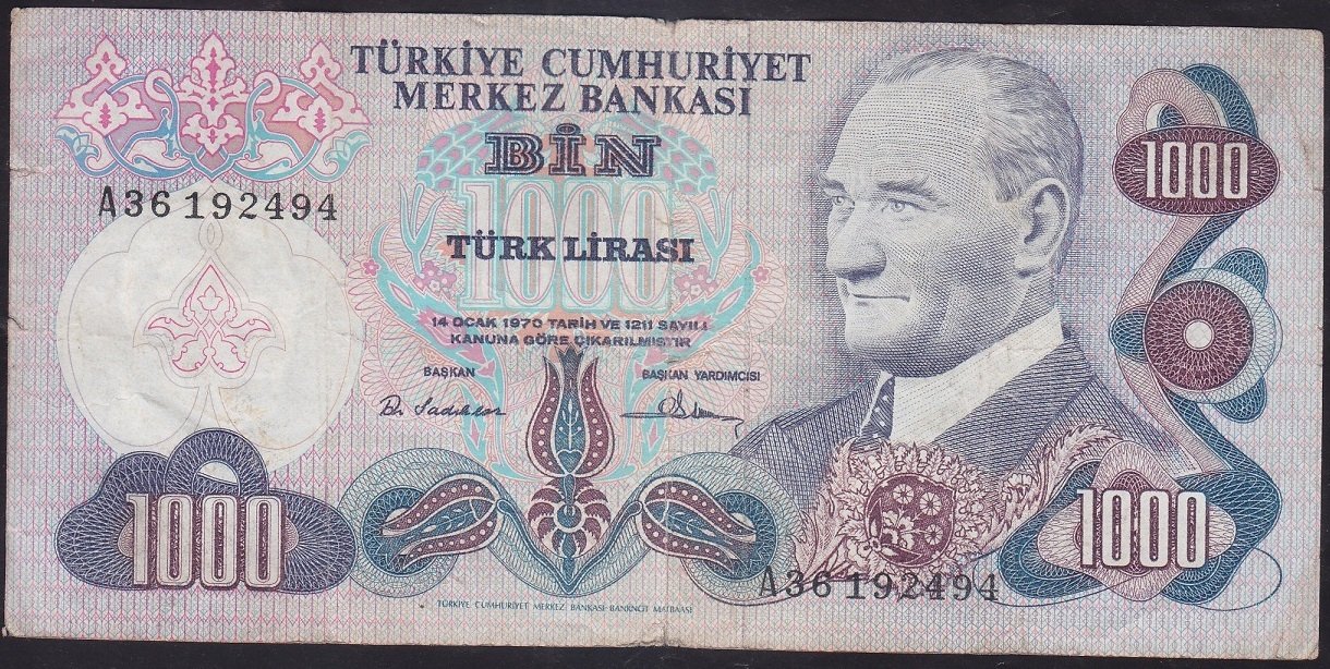 6.EMİSYON 1.TERTİP 1000 LİRA A36 192494 ÇOK TEMİZ