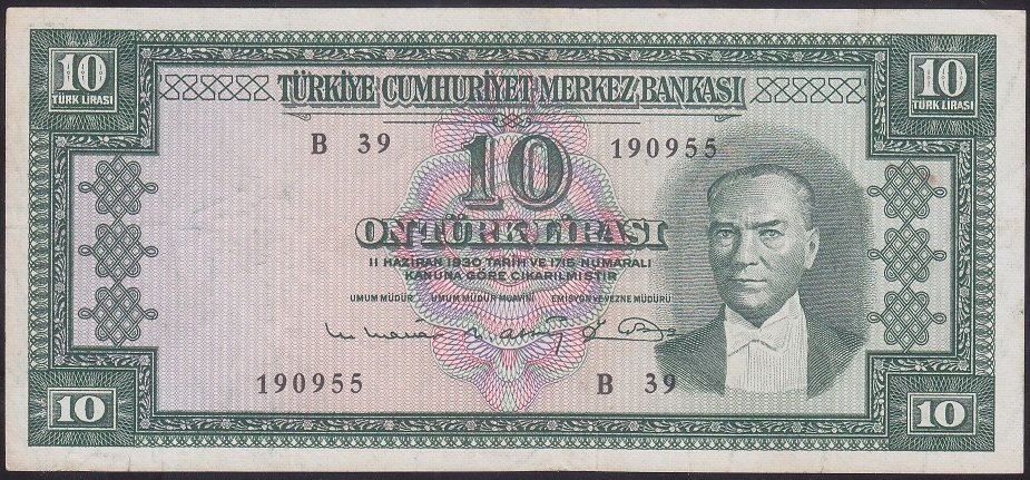 5.EMİSYON 6.TERTİP 10 LİRA B39 190955 ÇOK TEMİZ +