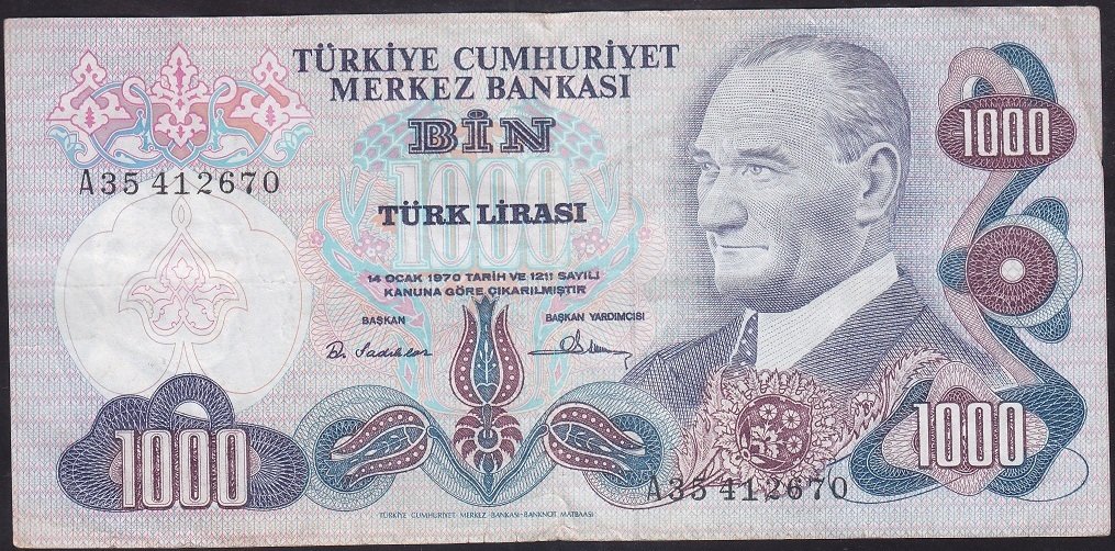 6.EMİSYON 1.TERTİP 1000 LİRA A35 412670 ÇOK TEMİZ