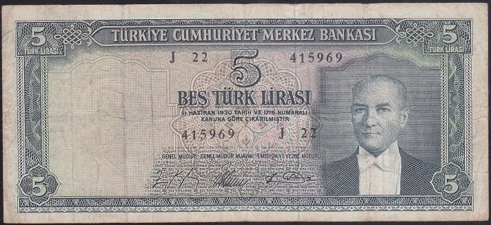 5.EMİSYON 4.TERTİP 5 LİRA J22 41969 ÇOK TEMİZ