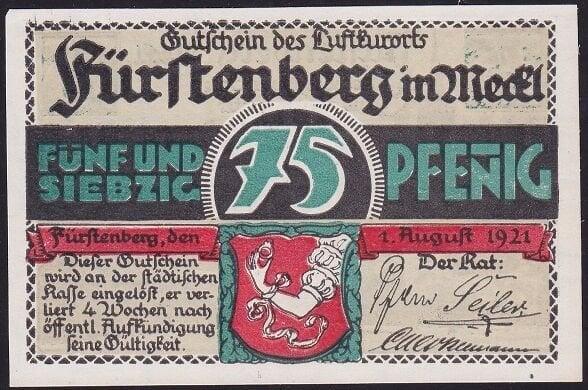 Almanya 75 Pfennig Notgeld 1921 Çil Filigranlı