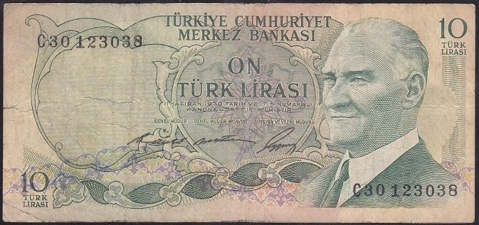 6.EMİSYON 1.TERTİP 10 LİRA C30 123038 TEMİZ +