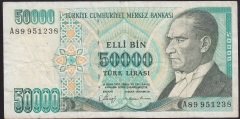 7.EMİSYON 1.TERTİP 50000 LİRA A89 951238 TEMİZ