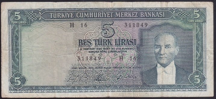 5.EMİSYON 4.TERTİP 5 LİRA H16 311849 ÇOK TEMİZ