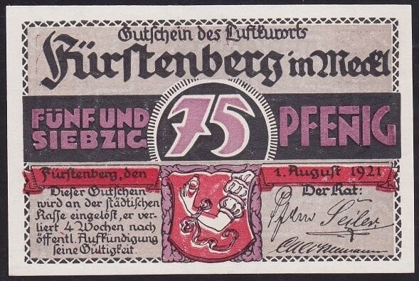 Almanya 75 Pfennig Notgeld 1921 Çil Filigranlı