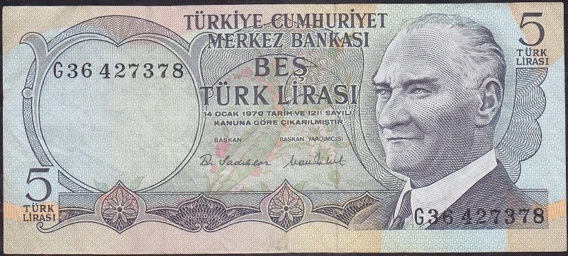 6.Emisyon 2.Tertip 5 Lira G36 427378 Çok Temiz +