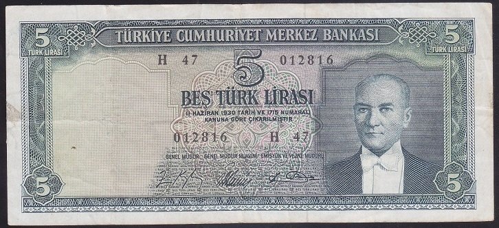 5.EMİSYON 4.TERTİP 5 LİRA H47 012816 ÇOK TEMİZ + eski para mezat