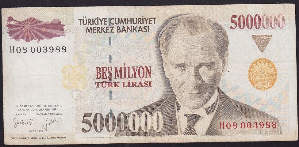 7.Emisyon 5 000 000 Lira H08 003988 Çok Temiz