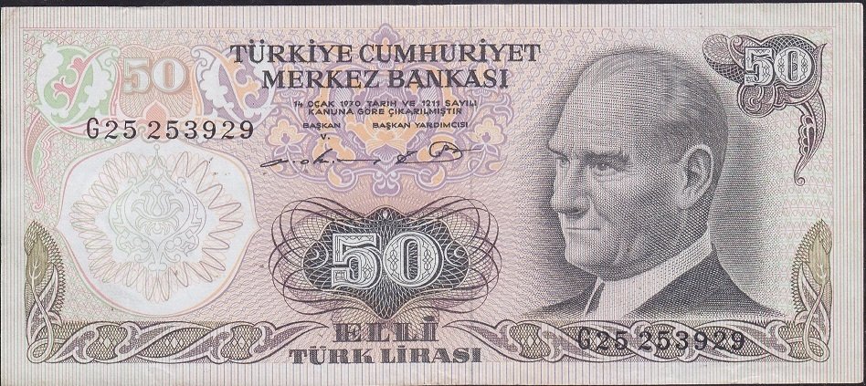 6.Emisyon 1.Tertip 50 Lira G25 253929 Çok Temiz +