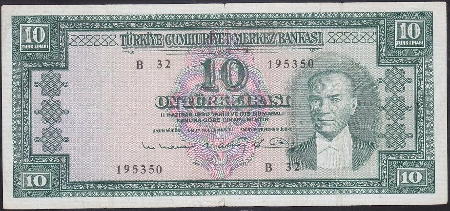 5.EMİSYON 6.TERTİP 10 LİRA B32 195350 ÇOK TEMİZ ( DÜZLEME VAR )