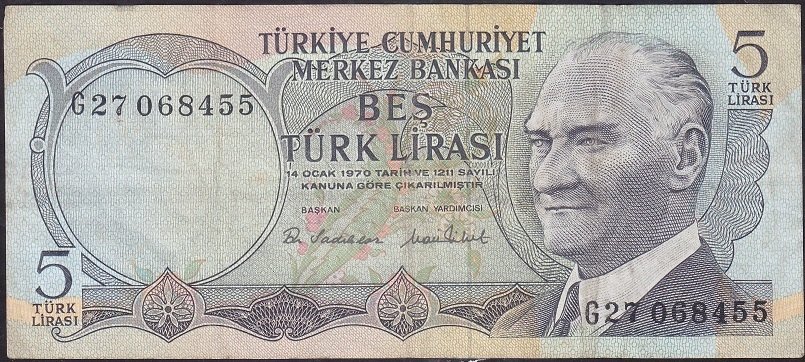 6.Emisyon 2.Tertip 5 Lira G27 068455 Çok Temiz +
