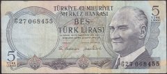 6.Emisyon 2.Tertip 5 Lira G27 068455 Çok Temiz +