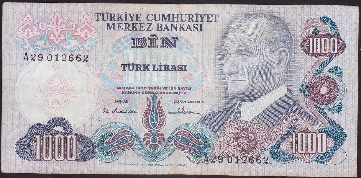 6.EMİSYON 1.TERTİP 1000 LİRA A29 012662 ÇOK TEMİZ