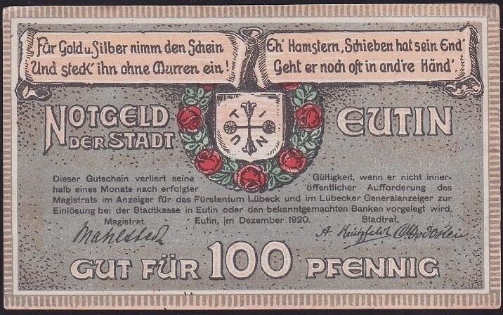 Almanya 100 Pfennig Notgeld 1920 Çilaltı Çil