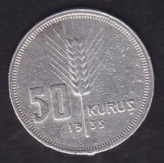 1935 Yılı 50 Kuruş Gümüş ( Temizlenmiş )