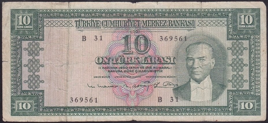 5.EMİSYON 6.TERTİP 10 LİRA B31 369561 TEMİZ