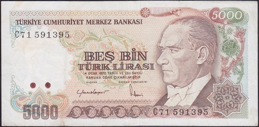 7.EMİSYON 2.TERTİP 5000 LİRA C71 591395 ÇOK TEMİZ