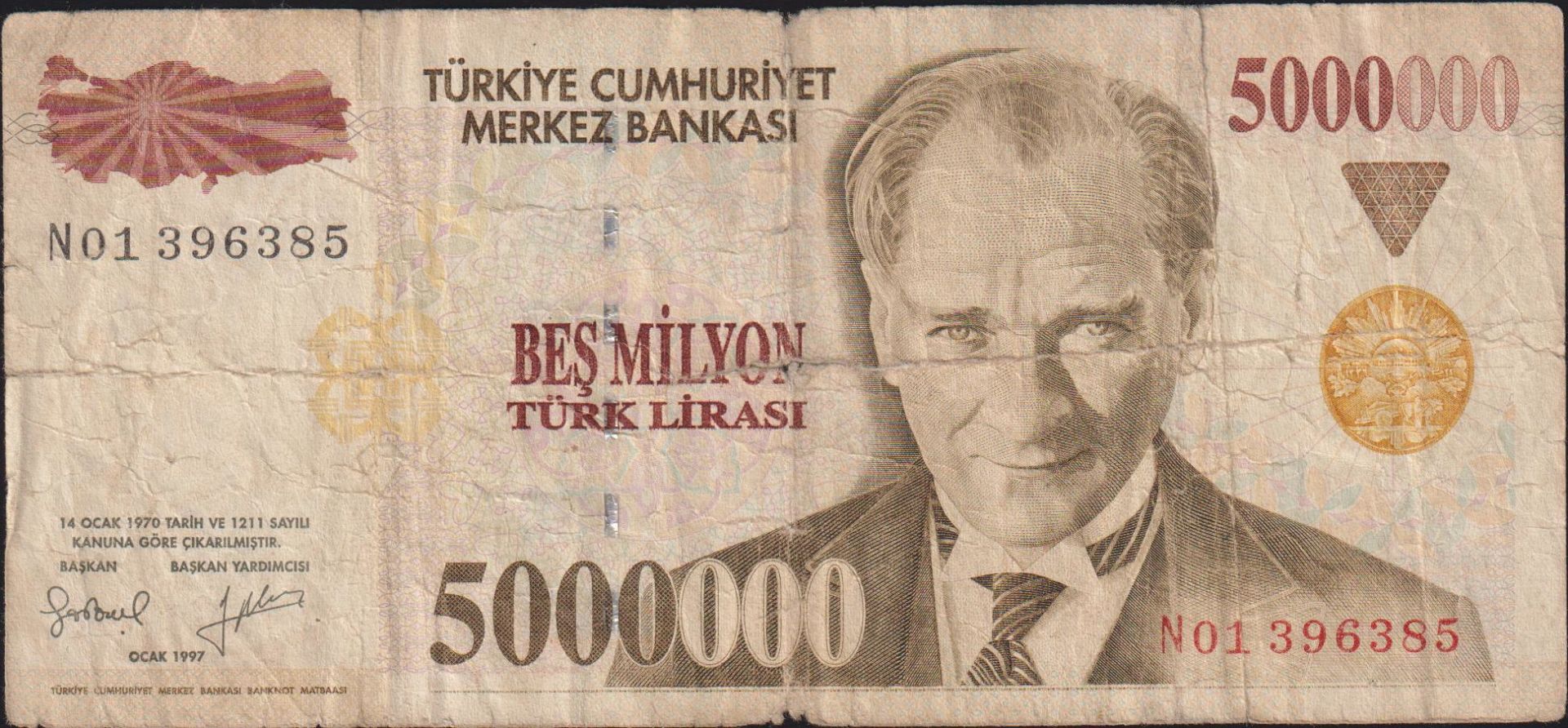 7.Emisyon 5 000 000 Lira N01 396385 İyi
