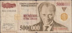 7.Emisyon 5 000 000 Lira N01 396385 İyi