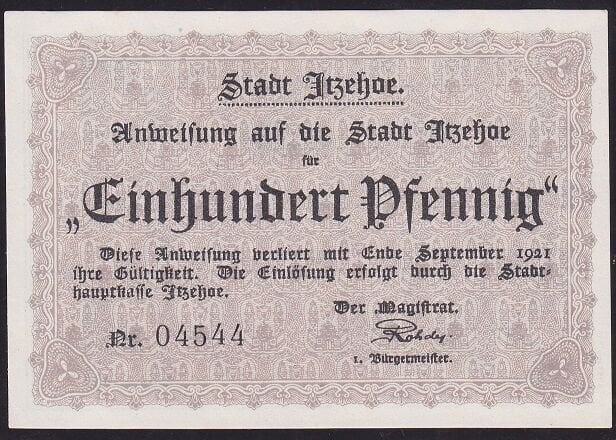 Almanya 100 Pfennig Notgeld 1921 Çil Filigranlı