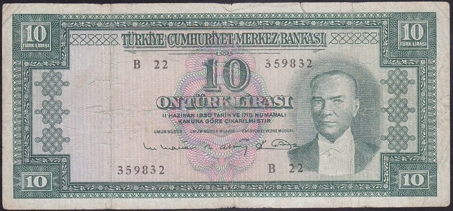 5.EMİSYON 6.TERTİP 10 LİRA B22 359832 TEMİZ ( DÜZLEME VAR ) eski para