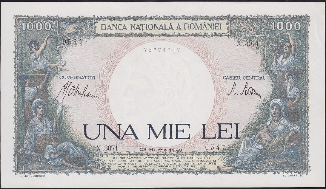 Romanya 1000 Lei 1943 Çilaltı Çil Pick 52