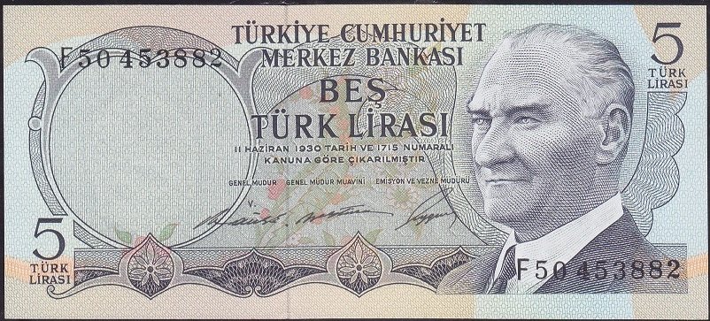 6.Emisyon 1.Tertip 5 Lira F50 453882 Çil