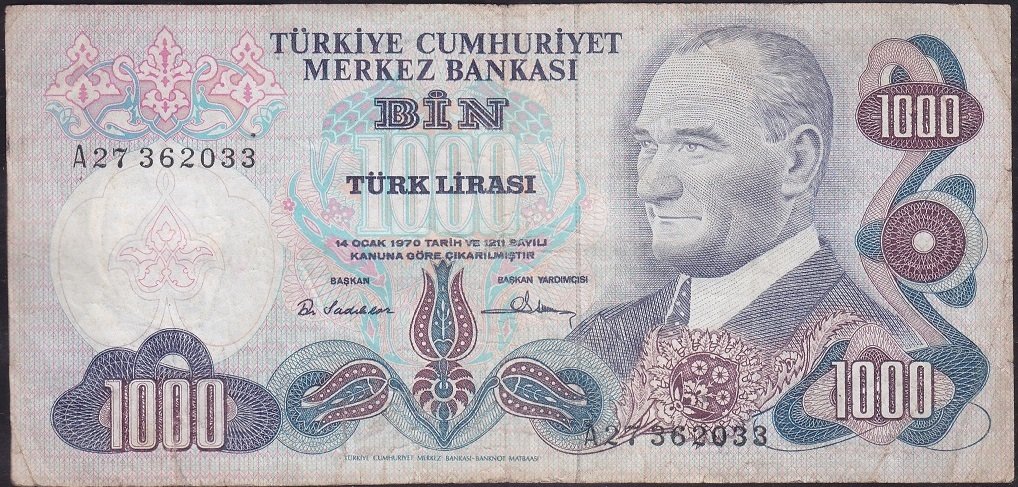 6.EMİSYON 1.TERTİP 1000 LİRA A27 362033 ÇOK TEMİZ