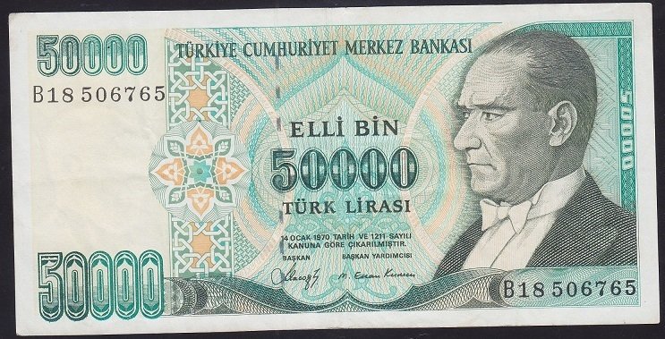 7.EMİSYON 1.TERTİP 50000 LİRA B18 506765 ÇOK TEMİZ +