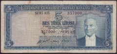 5.EMİSYON 1.TERTİP 5 LİRA A15 357000 TEMİZ