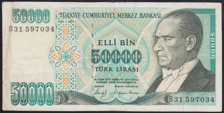 7.EMİSYON 1.TERTİP 50000 LİRA B31 597034 TEMİZ +