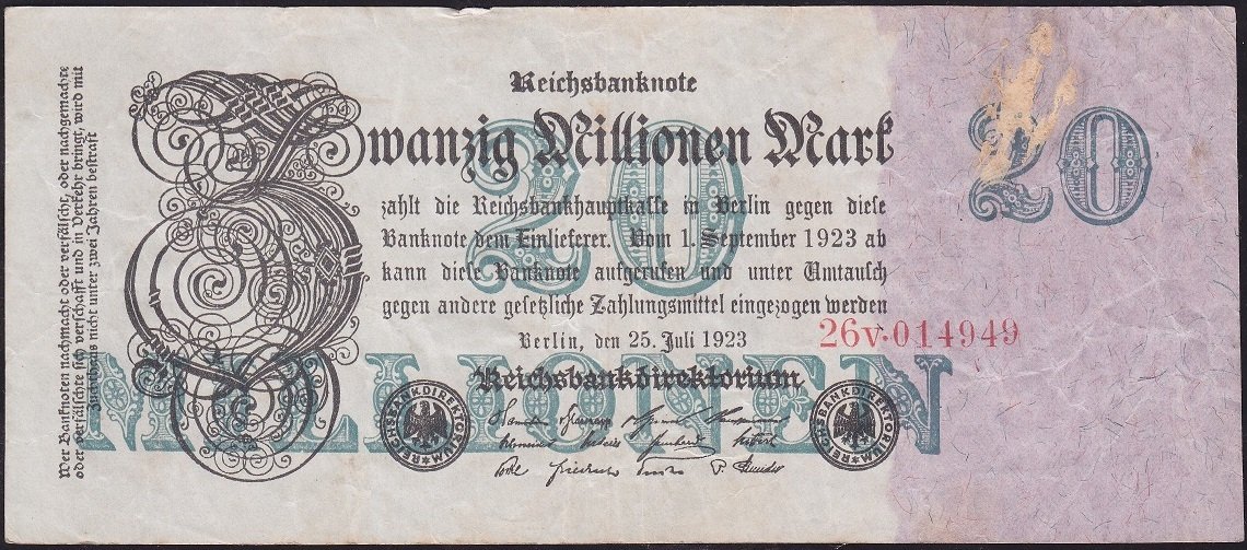 Almanya 20 Milyon Mark 1923 Temiz