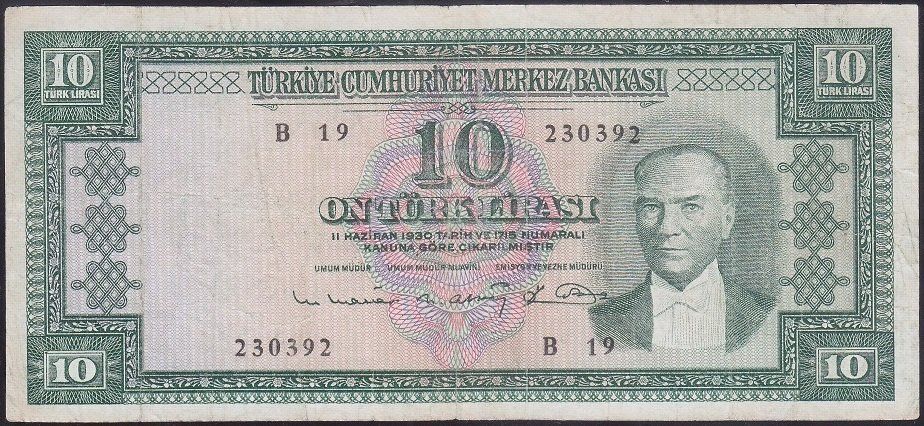 5.EMİSYON 6.TERTİP 10 LİRA B19 230392 ÇOK TEMİZ ( DÜZLEME VAR )