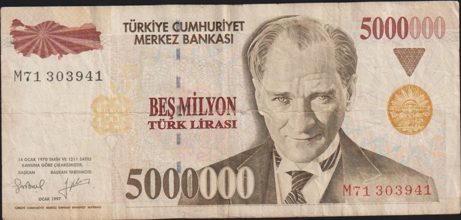 7.Emisyon 5 000 000 Lira M71 303941 Çok Temiz