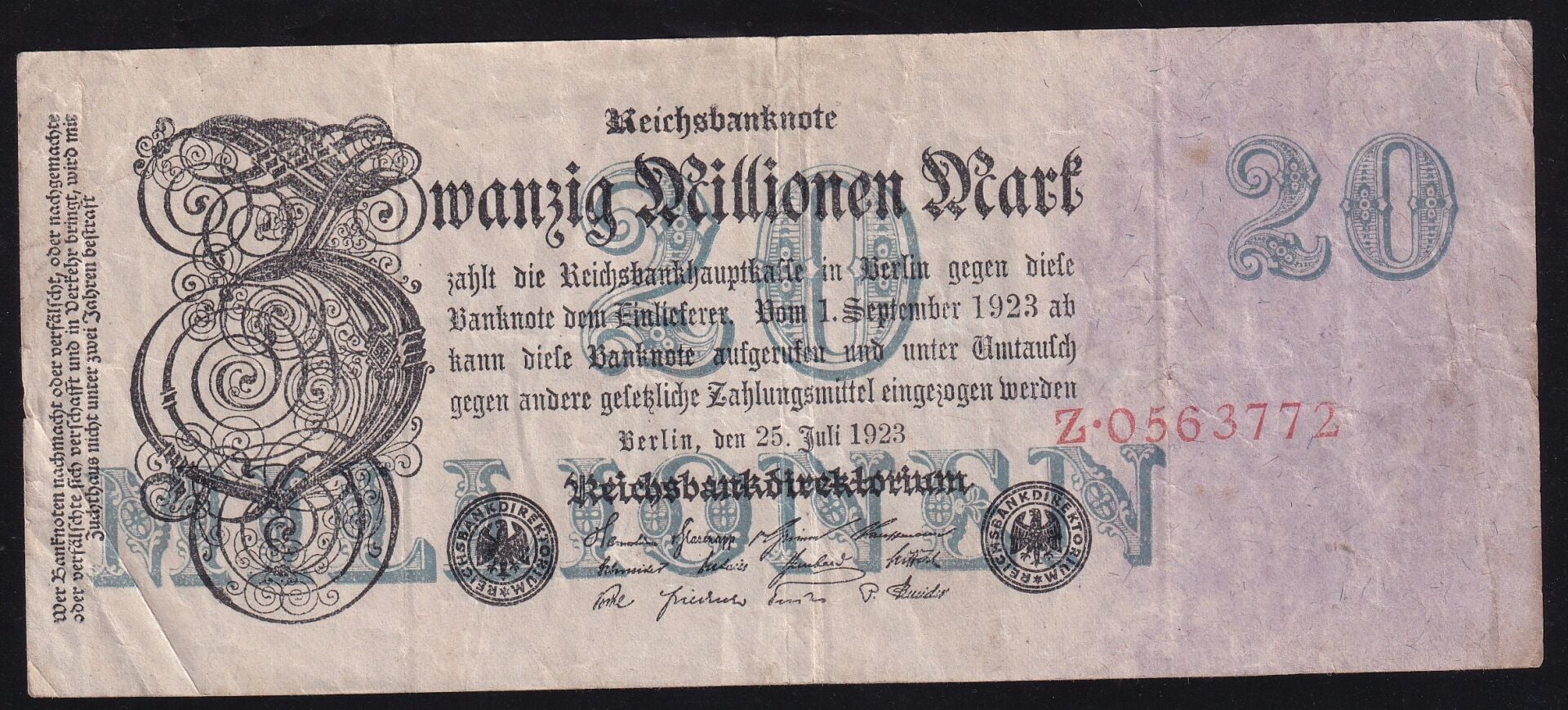 Almanya 20 Milyon Mark 1923 Çok Temiz+